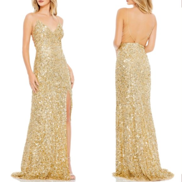 MAC DUGGAL SEQUIN STRAPPY BACK COLUMN GOLD GOWN sz 0
